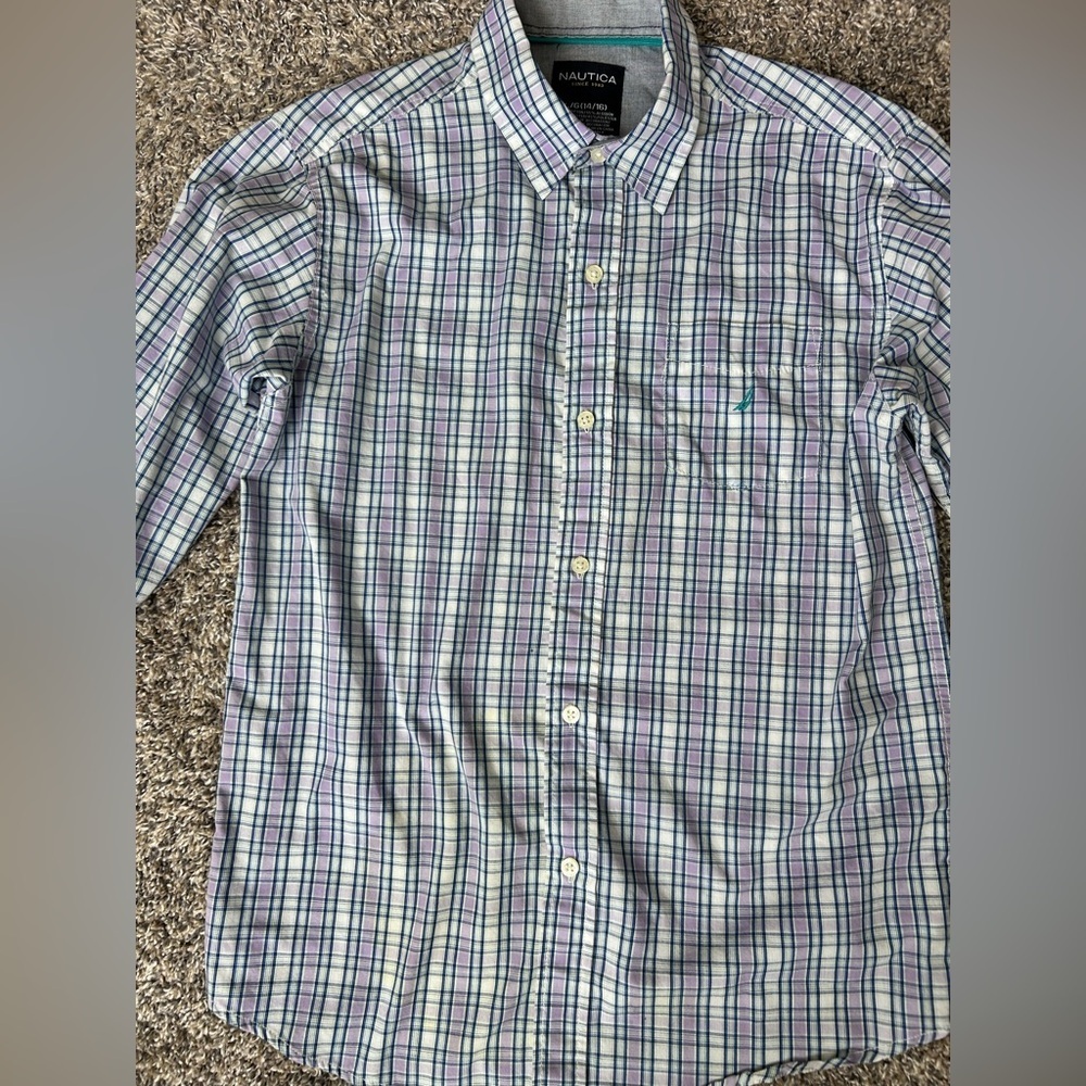 Nautica Boys Button up Dress Shirt in purple and blue size Large 14/16 - Picture 2 of 8